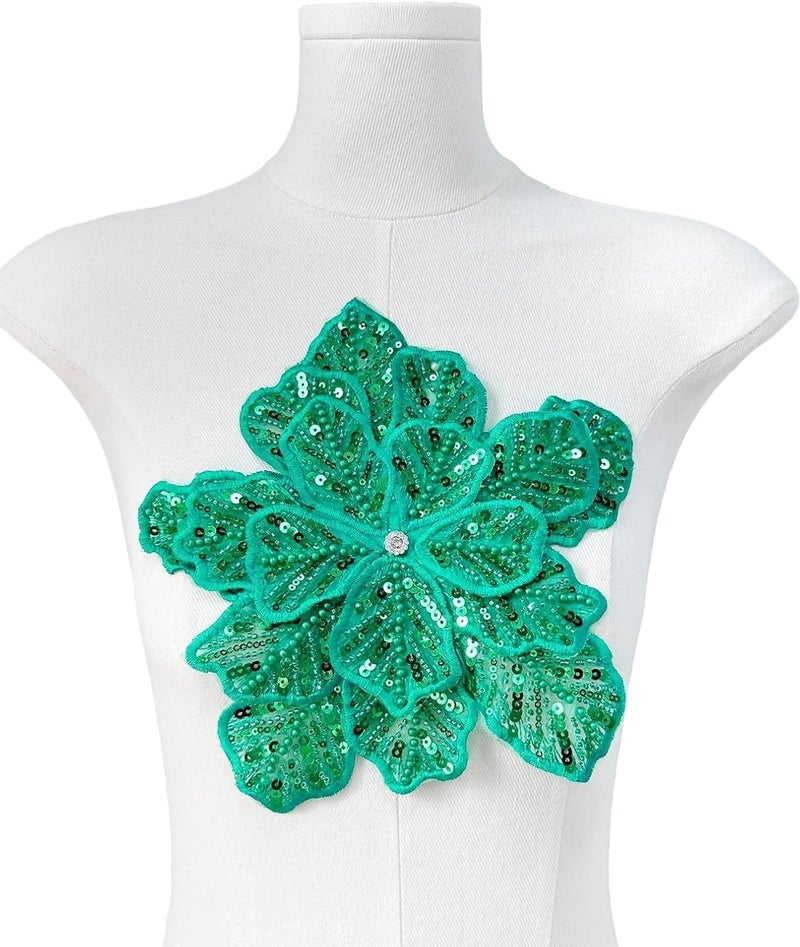 SAIXCCS 1pc Handmade Large Flower Rhinestone Applique for Clothes, Sparkly Sequin Beaded Patches for Wedding Dress, Embroidery Lace Sewing Patches for Bodice Hat Jean Jacket (Bright Green) - Image 2